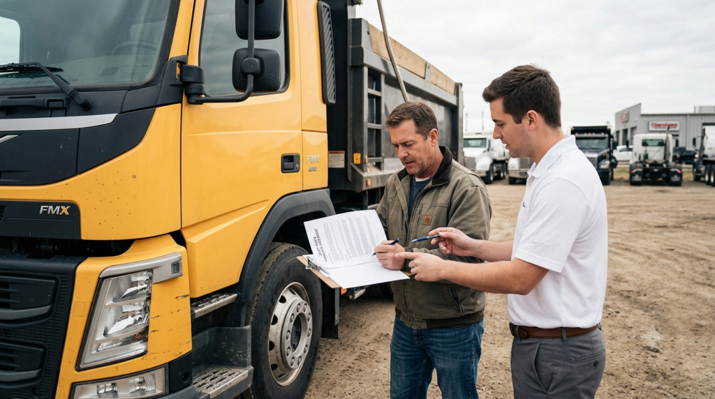 Business owner reviewing a dump truck financing agreement